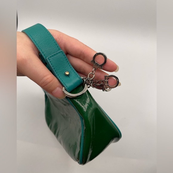 SOLD Authentic HTF Ferragamo turquoise leather trim pouchette - Picture 3 of 11